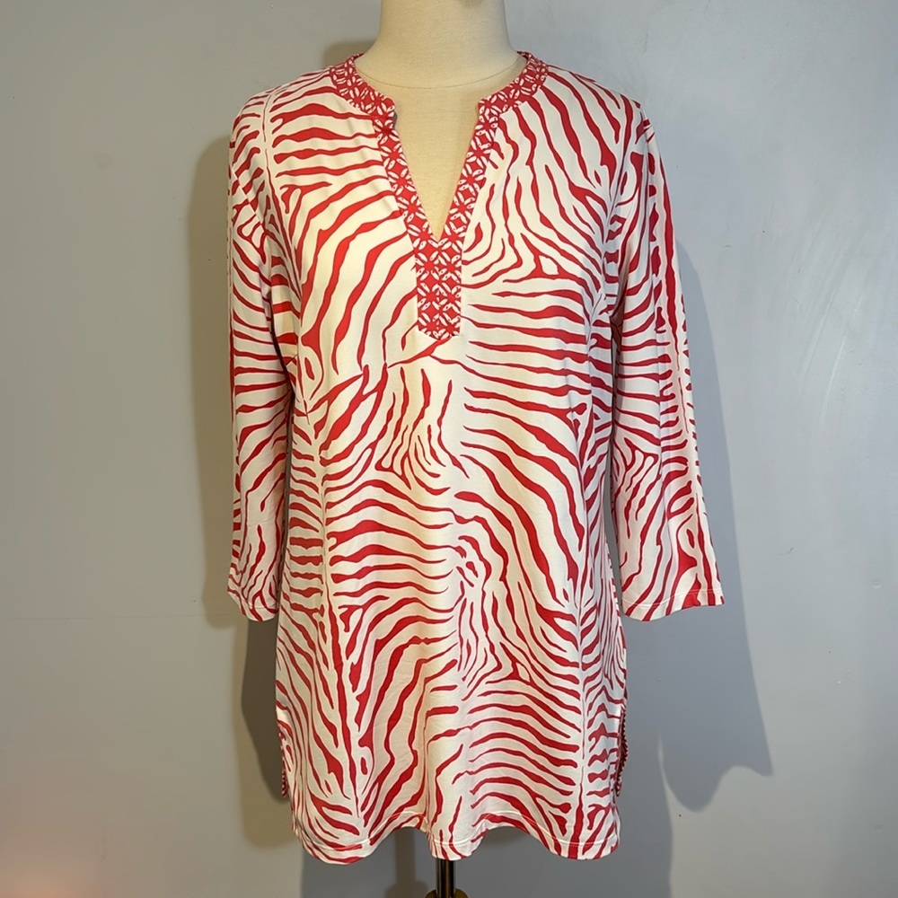 J.McLaughlin stretch tunic style coral pink zebra stripe top size XL